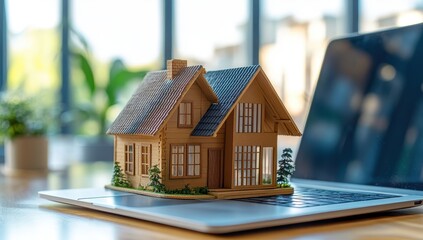 Aufkleber - 3D wooden model house displayed on laptop keyboard conveying real estate concept, architectural design, home construction ideas in modern office setting