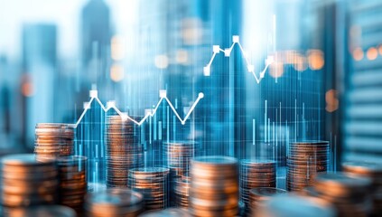 Poster - Abstract financial background showcasing rising stock market trends with stacks of coins and blurred city skyline in the background for financial concepts