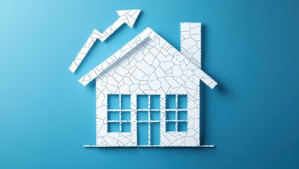 Poster - Abstract representation of a house with a rising graph arrow illustrating growth in real estate market on a blue background, indicating prosperity and success