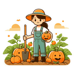 Wall Mural - Young female gardener with pumpkins and vegetables in autumn patch. Vector illustration for harvest festivals, seasonal farming, or organic gardening concepts.