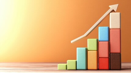 Poster - Colorful Blocks Showing Upward Trend Growth Chart Success Business Concept Wooden Table Background