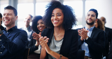 Poster - Business woman, group and applause at seminar for corporate event, smile with support and praise. Audience, team and professional people clapping for conference success, congratulations or cheers