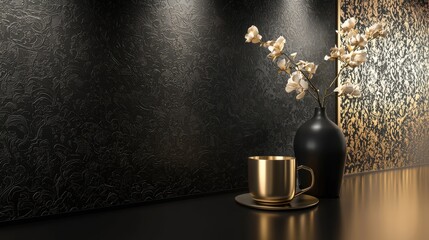Poster - A sophisticated black and gold textured wallpaper with a three-dimensional metallic floral pattern, ideal for luxury designs.