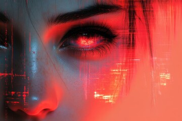 Poster - Close-up of an eye with glowing effects and vibrant colors in a surreal digital art setting