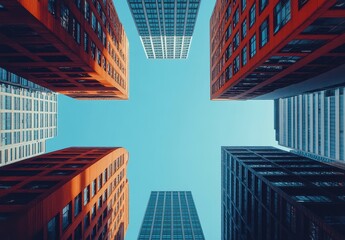Poster - Aerial View of Urban Skyline with Tall Buildings, Modern Architecture, and Clear Sky from Ground Perspective in a City Setting