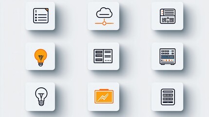 Poster - A collection of data center related outline icons representing different aspects of information technology including cloud storage data analysis management tools and computing infrastructure