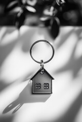 Poster - Black and White Image of a House-Shaped Keychain Hanging Against a Softly Lit Background with Shadow Play and Elegance