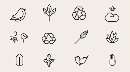 Poster - a set of simple minimalist line icons representing various environmental and sustainability concepts