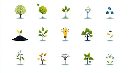 Poster - a set of simple minimalist icons depicting various elements of a healthy sustainable ecosystem inclu