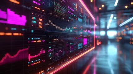 Poster - a vibrant digital display shows fluctuating data and graphs, illuminated by neon colors, typical of 