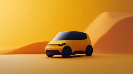Leinwandbilder - Compact yellow electric car stands on a minimalist desert landscape with vibrant orange hues