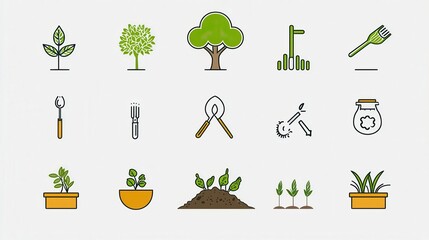 Poster - A minimalist and conceptual icon set depicting various symbols and elements related to agriculture gardening and soil cultivation