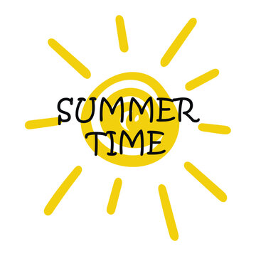 Summer time text simple banner with wave. Kids drawing bright yellow sun and text. Seasonal summer sunny design, holiday mood. Vector graphic