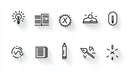 Poster - A collection of 15 minimalist monochrome outline icons representing various concepts related to focus planning and productivity