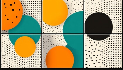 Poster - Abstract geometric pattern with teal, orange, and black circles on an off white dotted background. Overlapping circles create depth and visual interest.