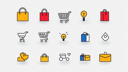 Poster - A comprehensive set of 15 outline icons representing various shopping related elements including shopping carts bags payment methods and other ecommerce related symbols