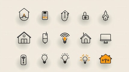 Poster - A set of 15 minimalist outline icons representing various smart home technologies and features including devices sensors and control systems for a connected automated