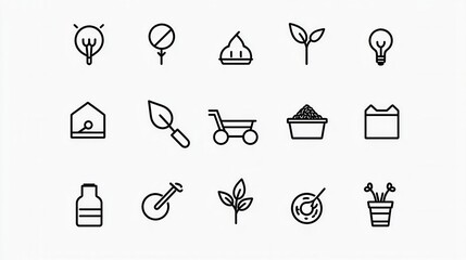 Poster - This image presents a collection of 15 outline icons relating to soil agriculture and the environment  The icons depict various elements associated with farming gardening