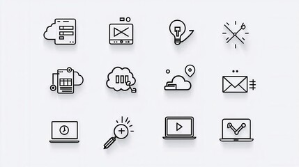 A set of 15 minimalist outline icons depicting various website and digital interface elements