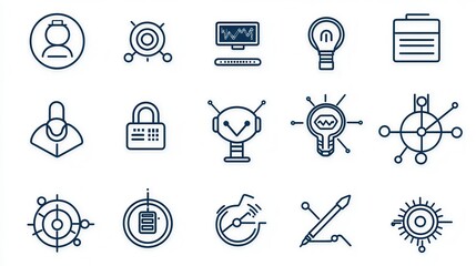 Poster - This image features a set of 15 clean minimalistic outline icons representing various technology and digital interface elements such as user profiles search data visualization and security