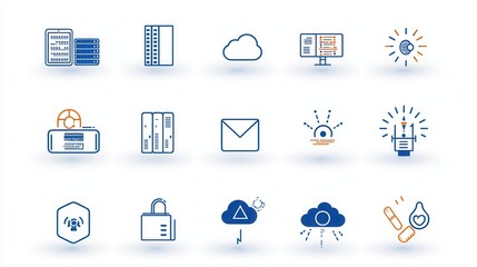 Poster - A set of 15 clean and minimalist outline icons representing various data center and networking technologies including cloud storage servers and communication