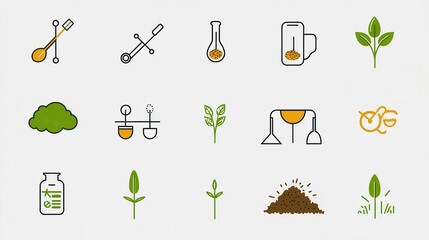 Poster - a set of minimalist outline icons depicting various gardening and agricultural elements from plants 