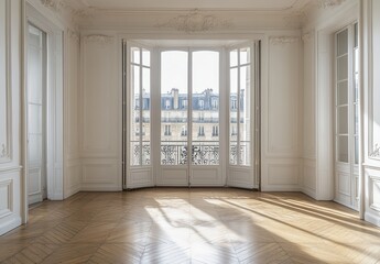 Poster - bright and spacious empty room with elegant white walls, large windows, and wooden floor, overlookin