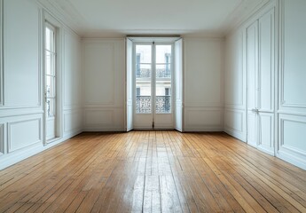 Poster - bright and spacious unfurnished room with large windows and wooden floor in an elegant parisian apar