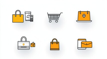 Poster - A set of outlined icons representing various elements of e commerce and online shopping including shopping carts delivery bags and digital payment methods