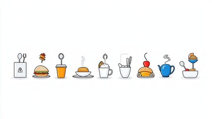 Poster - A minimalist modern collection of outline icons representing various elements of catering and hospitality including food drinks utensils and other related symbols