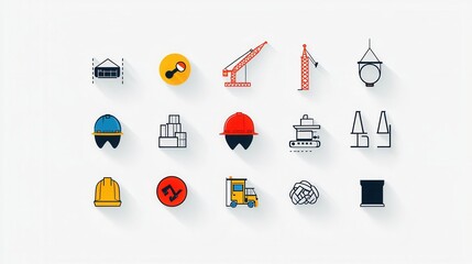 Poster - A collection of stylized icons depicting various construction and industrial equipment including helmets cranes trucks and tools presented in a minimalist and clean outline design