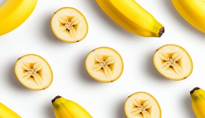 Poster - Bright yellow bananas and their cross sections arranged on a white background in a repeating pattern. Clean, simple, and visually appealing.
