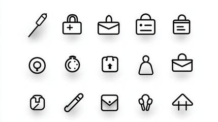 Poster - A collection of 15 minimal black and white outline icons designed as a cohesive functional system for digital interfaces and user experiences