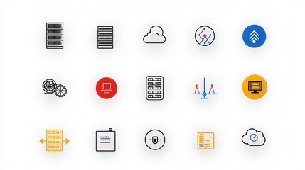 Poster - a collection of minimalist icons representing various components and functions of a modern data cent