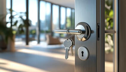 Poster - Close-Up of Modern Door Handle with Keys Hanging, Soft Focus on Bright Interior Space with Plants and Natural Light Filling the Room