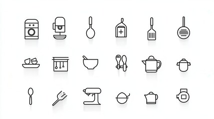 Poster - A set of 15 minimalist sleek outline icons representing various kitchen appliances utensils and cooking related equipment in a clean modern and versatile design