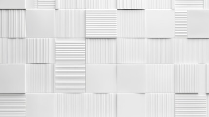 Poster - Textured white square ceramic tiles featuring corrugated linear patterns forming contemporary geometric wall surface, highlighting architectural minimalist design elements