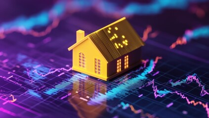 Poster - Colorful Representation of Property Investment with a Yellow House Model Overlaid on Stock Market Charts and Data Representing Economic Trends