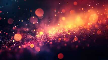 Poster - Glittering particles dancing, swirling across luminous golden space, generating festive ambient radiance with magical bokeh effect and soft warm shimmer