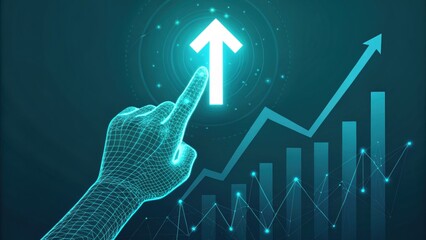 Poster - Growth trajectory: A digital rendering of a hand touching a glowing arrow, symbolizing growth with a rising graph and bar chart.
