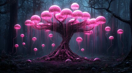 Poster - a fantasy world where colossal tree roots wrap around floating planets, bioluminescent flora glowing
