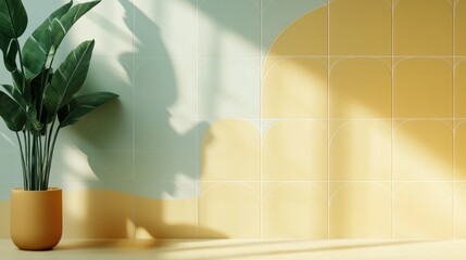 Fototapete - Sunlight illuminates a tropical plant in a terracotta pot, casting shadows on a stylish pastel yellow and green tiled wall, creating a serene and modern interior design