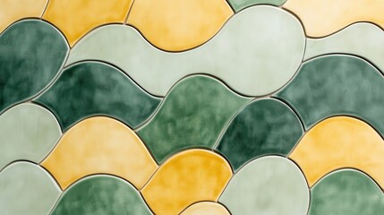 Poster - Interlocking ceramic tiles in yellow and green waving together, forming fluid abstract pattern with seamless visual texture for modern design backgrounds