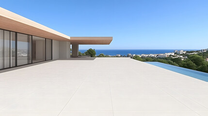 Aufkleber - A modern villa overlooking the ocean features a spacious terrace and infinity pool, blending luxury with stunning natural views