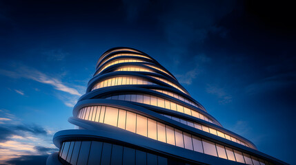 Fototapete - A modern, curved building illuminated under a twilight sky, showcasing innovative architecture and sleek design elements