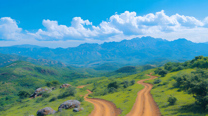 Poster - A scenic landscape featuring winding dirt paths, lush greenery, and majestic mountains under a bright blue sky with scattered clouds