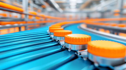 Poster - A vibrant conveyor belt system with bright orange caps, showcasing advanced industrial automation and efficiency in a modern factory setting