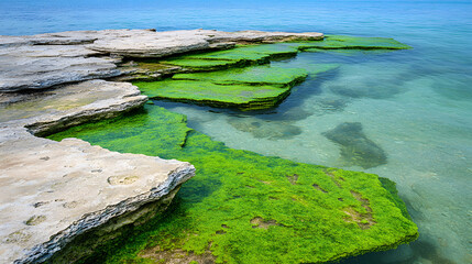 Poster - A serene coastal scene featuring rocky formations and vibrant green algae in clear water under a bright sky