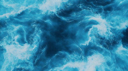 Poster - A dynamic view of turbulent ocean water, showcasing deep blue hues and frothy white waves, creating a mesmerizing natural pattern