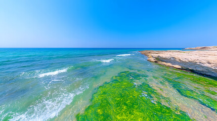 Poster - A vibrant coastal scene featuring clear blue waters, green seaweed, and a rocky shoreline under a bright sky
